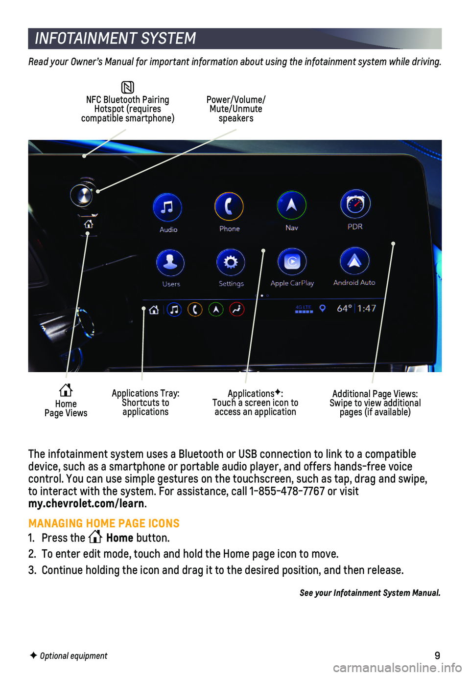 CHEVROLET CORVETTE 2020  Get To Know Guide 9
INFOTAINMENT SYSTEM
F Optional equipment
 NFC Bluetooth Pairing Hotspot (requires compatible smartphone)
Power/Volume/Mute/Unmute speakers
Additional Page Views: Swipe to view additional pages (if a