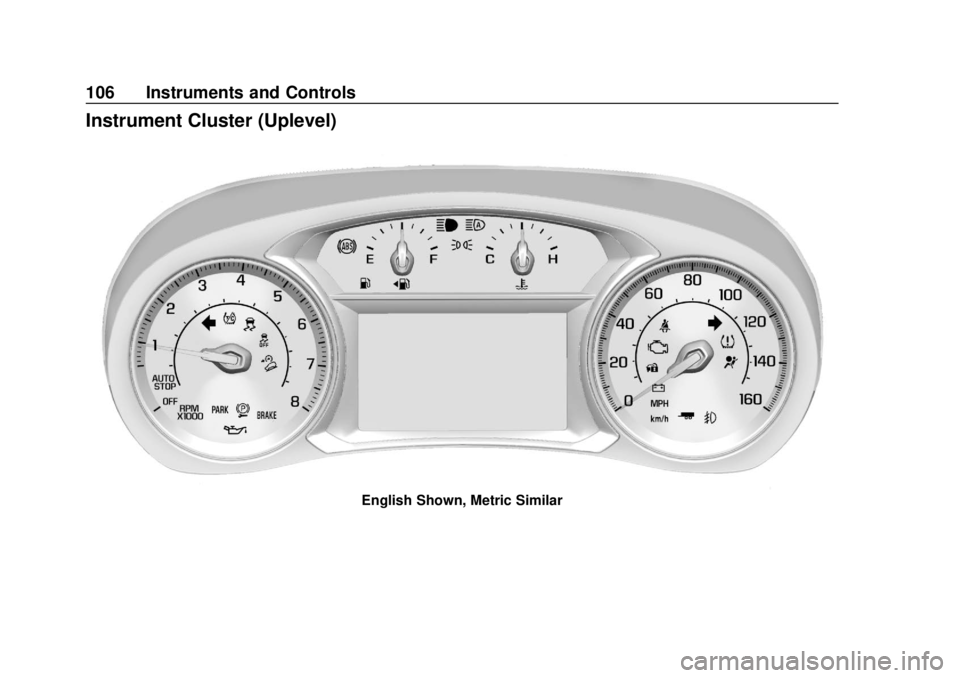 CHEVROLET EQUINOX 2020  Owners Manual Chevrolet Equinox Owner Manual (GMNA-Localizing-U.S./Canada/Mexico-
13555863) - 2020 - CRC - 8/2/19
106 Instruments and Controls
Instrument Cluster (Uplevel)
English Shown, Metric Similar 
