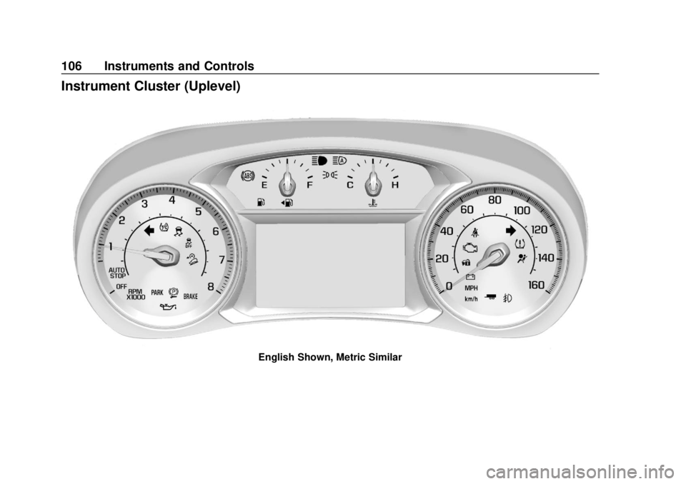 CHEVROLET EQUINOX 2020 Owners Manual Chevrolet Equinox Owner Manual (GMNA-Localizing-U.S./Canada/Mexico-
13555863) - 2020 - CRC - 8/2/19
106 Instruments and Controls
Instrument Cluster (Uplevel)
English Shown, Metric Similar CHEVROLET EQUINOX 2020 Owners Manual Chevrolet Equinox Owner Manual (GMNA-Localizing-U.S./Canada/Mexico-
13555863) - 2020 - CRC - 8/2/19
106 Instruments and Controls
Instrument Cluster (Uplevel)
English Shown, Metric Similar
