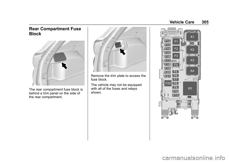CHEVROLET EQUINOX 2020 Owners Manual Chevrolet Equinox Owner Manual (GMNA-Localizing-U.S./Canada/Mexico-
13555863) - 2020 - CRC - 8/2/19
Vehicle Care 305
Rear Compartment Fuse
Block
The rear compartment fuse block is
behind a trim panel CHEVROLET EQUINOX 2020 Owners Manual Chevrolet Equinox Owner Manual (GMNA-Localizing-U.S./Canada/Mexico-
13555863) - 2020 - CRC - 8/2/19
Vehicle Care 305
Rear Compartment Fuse
Block
The rear compartment fuse block is
behind a trim panel