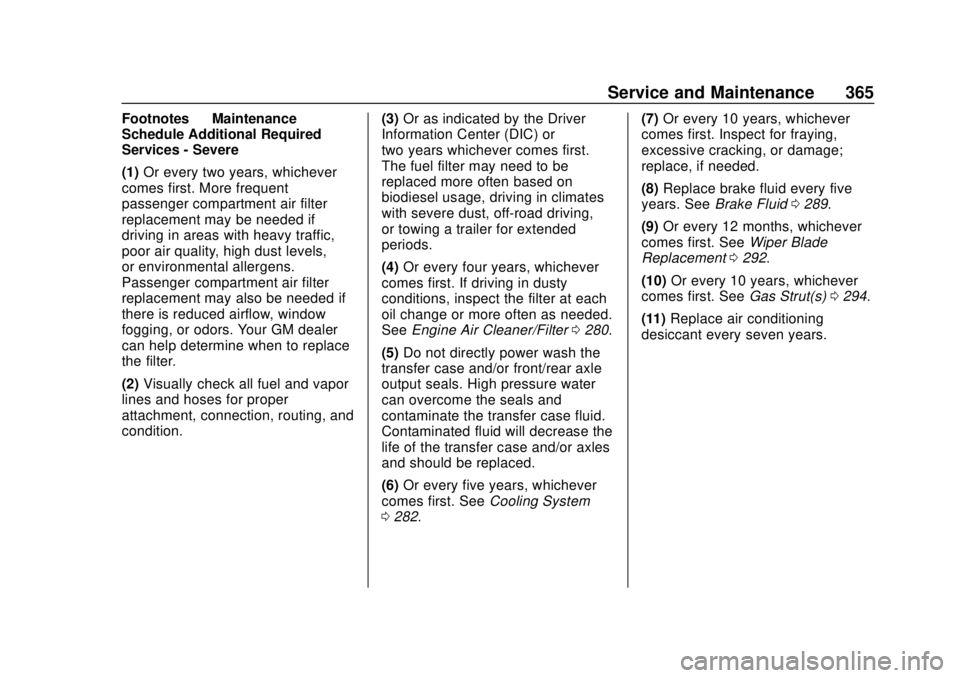 CHEVROLET EQUINOX 2020 Owners Manual Chevrolet Equinox Owner Manual (GMNA-Localizing-U.S./Canada/Mexico-
13555863) - 2020 - CRC - 8/2/19
Service and Maintenance 365
Footnotes—Maintenance
Schedule Additional Required
Services - Severe
( CHEVROLET EQUINOX 2020 Owners Manual Chevrolet Equinox Owner Manual (GMNA-Localizing-U.S./Canada/Mexico-
13555863) - 2020 - CRC - 8/2/19
Service and Maintenance 365
Footnotes—Maintenance
Schedule Additional Required
Services - Severe
(
