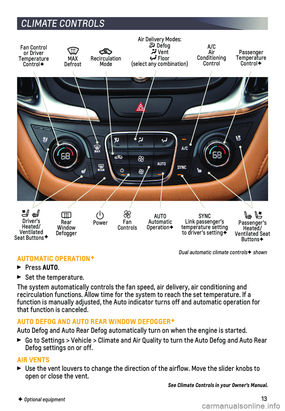 CHEVROLET EQUINOX 2020 Get To Know Guide 13F Optional equipment
CLIMATE CONTROLS
AUTOMATIC OPERATIONF
Press AUTO.
Set the temperature.
The system automatically controls the fan speed, air delivery, air condi\
tioning and
recirculation f CHEVROLET EQUINOX 2020 Get To Know Guide 13F Optional equipment
CLIMATE CONTROLS
AUTOMATIC OPERATIONF
Press AUTO.
Set the temperature.
The system automatically controls the fan speed, air delivery, air condi\
tioning and
recirculation f