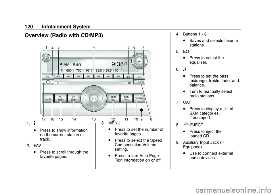 CHEVROLET EXPRESS 2020 Get To Know Guide Chevrolet Express Owner Manual (GMNA-Localizing-U.S./Canada/Mexico-
13882570) - 2020 - CRC - 11/1/19
120 Infotainment System
Overview (Radio with CD/MP3)
1.4
.Press to show information
on the current CHEVROLET EXPRESS 2020 Get To Know Guide Chevrolet Express Owner Manual (GMNA-Localizing-U.S./Canada/Mexico-
13882570) - 2020 - CRC - 11/1/19
120 Infotainment System
Overview (Radio with CD/MP3)
1.4
.Press to show information
on the current