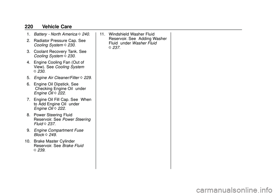 CHEVROLET EXPRESS 2020  Get To Know Guide Chevrolet Express Owner Manual (GMNA-Localizing-U.S./Canada/Mexico-
13882570) - 2020 - CRC - 11/1/19
220 Vehicle Care
1.Battery - North America 0240.
2. Radiator Pressure Cap. See Cooling System 0230.