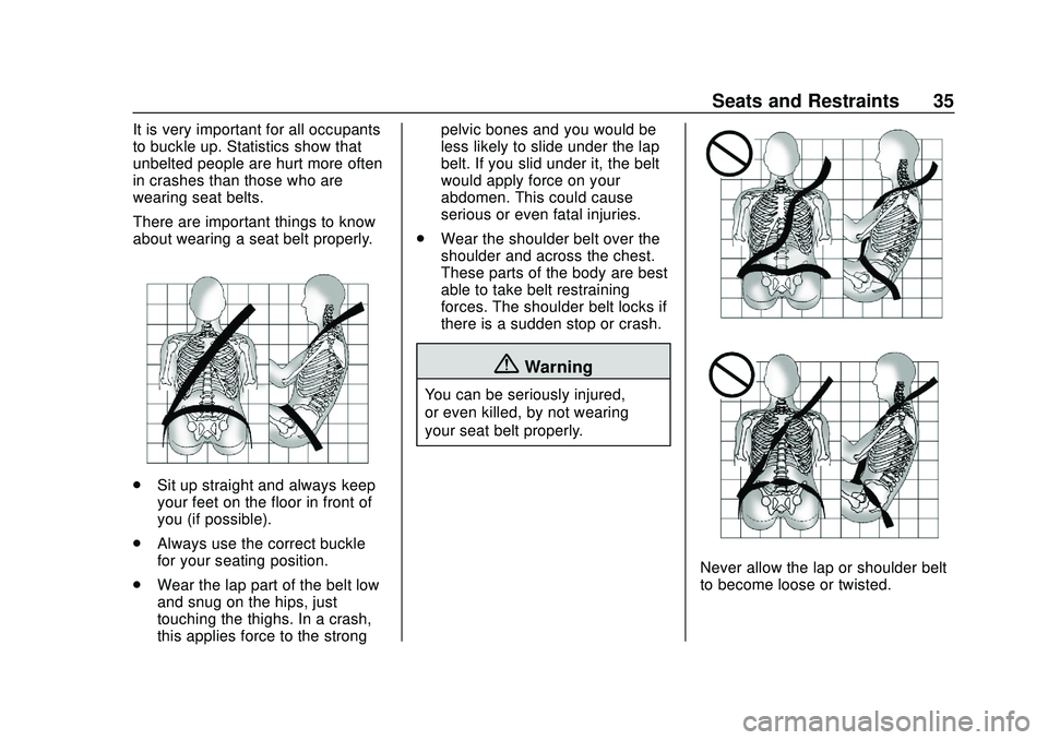 CHEVROLET EXPRESS 2020  Get To Know Guide Chevrolet Express Owner Manual (GMNA-Localizing-U.S./Canada/Mexico-
13882570) - 2020 - CRC - 11/1/19
Seats and Restraints 35
It is very important for all occupants
to buckle up. Statistics show that
u