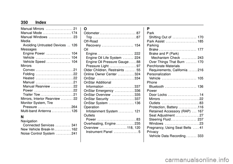 CHEVROLET EXPRESS 2020  Get To Know Guide Chevrolet Express Owner Manual (GMNA-Localizing-U.S./Canada/Mexico-
13882570) - 2020 - CRC - 11/1/19
350 Index
Manual Mirrors . . . . . . . . . . . . . . . . . . 21
Manual Mode . . . . . . . . . . . .