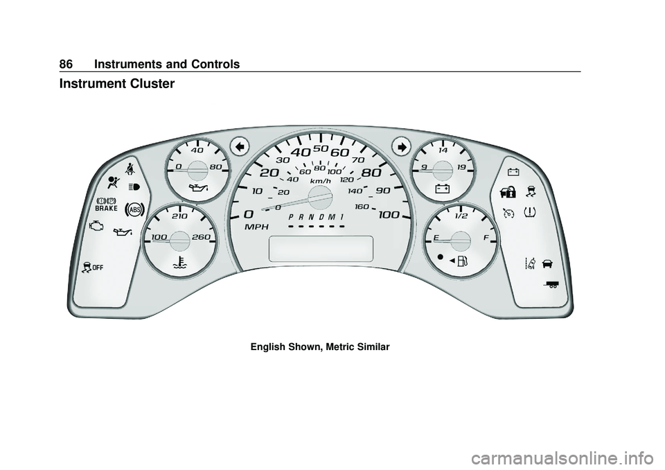 CHEVROLET EXPRESS 2020  Get To Know Guide Chevrolet Express Owner Manual (GMNA-Localizing-U.S./Canada/Mexico-
13882570) - 2020 - CRC - 11/1/19
86 Instruments and Controls
Instrument Cluster
English Shown, Metric Similar 