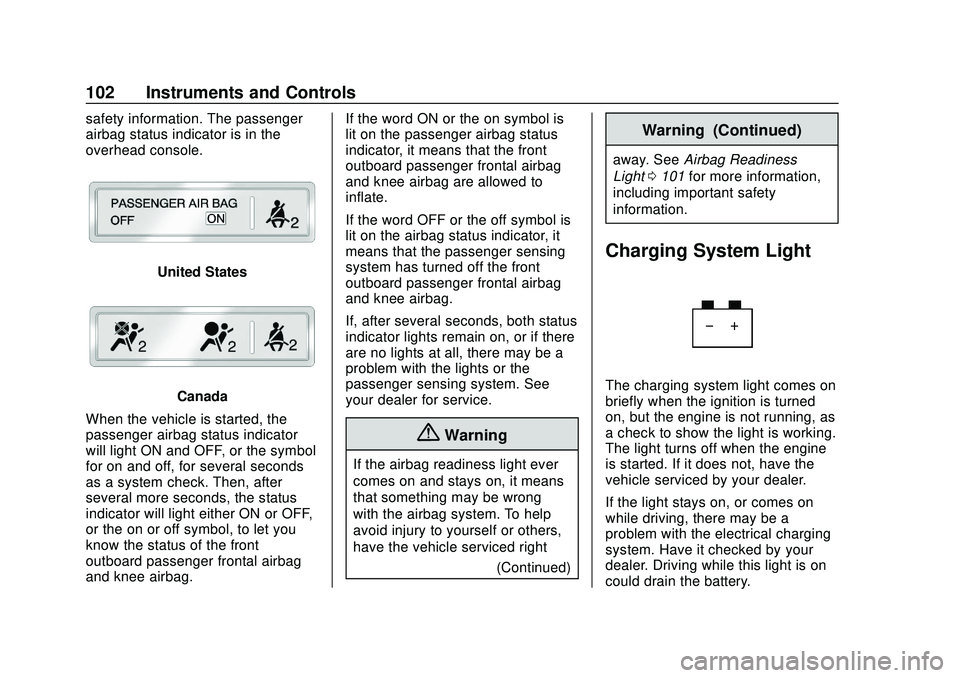 CHEVROLET IMPALA 2020  Owners Manual Chevrolet Impala Owner Manual (GMNA-Localizing-U.S./Canada-13688912) -
2020 - CRC - 6/5/19
102 Instruments and Controls
safety information. The passenger
airbag status indicator is in the
overhead con