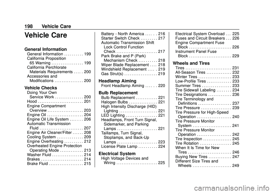 CHEVROLET IMPALA 2020 User Guide Chevrolet Impala Owner Manual (GMNA-Localizing-U.S./Canada-13688912) -
2020 - CRC - 6/5/19
198 Vehicle Care
Vehicle Care
General Information
General Information . . . . . . . . . . 199
California Prop CHEVROLET IMPALA 2020 User Guide Chevrolet Impala Owner Manual (GMNA-Localizing-U.S./Canada-13688912) -
2020 - CRC - 6/5/19
198 Vehicle Care
Vehicle Care
General Information
General Information . . . . . . . . . . 199
California Prop
