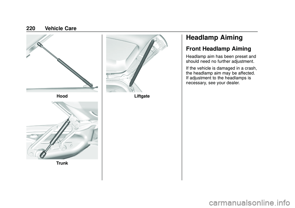 CHEVROLET IMPALA 2020 User Guide Chevrolet Impala Owner Manual (GMNA-Localizing-U.S./Canada-13688912) -
2020 - CRC - 6/5/19
220 Vehicle Care
Hood
Trunk
Liftgate
Headlamp Aiming
Front Headlamp Aiming
Headlamp aim has been preset and
s CHEVROLET IMPALA 2020 User Guide Chevrolet Impala Owner Manual (GMNA-Localizing-U.S./Canada-13688912) -
2020 - CRC - 6/5/19
220 Vehicle Care
Hood
Trunk
Liftgate
Headlamp Aiming
Front Headlamp Aiming
Headlamp aim has been preset and
s