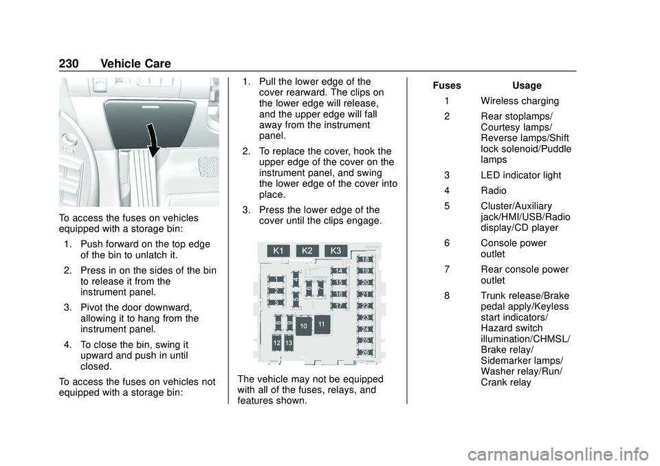 CHEVROLET IMPALA 2020 Owners Manual Chevrolet Impala Owner Manual (GMNA-Localizing-U.S./Canada-13688912) -
2020 - CRC - 6/5/19
230 Vehicle Care
To access the fuses on vehicles
equipped with a storage bin:1. Push forward on the top edge CHEVROLET IMPALA 2020 Owners Manual Chevrolet Impala Owner Manual (GMNA-Localizing-U.S./Canada-13688912) -
2020 - CRC - 6/5/19
230 Vehicle Care
To access the fuses on vehicles
equipped with a storage bin:1. Push forward on the top edge