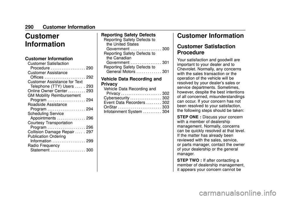 CHEVROLET IMPALA 2020 Owners Manual Chevrolet Impala Owner Manual (GMNA-Localizing-U.S./Canada-13688912) -
2020 - CRC - 6/5/19
290 Customer Information
Customer
Information
Customer Information
Customer SatisfactionProcedure . . . . . . CHEVROLET IMPALA 2020 Owners Manual Chevrolet Impala Owner Manual (GMNA-Localizing-U.S./Canada-13688912) -
2020 - CRC - 6/5/19
290 Customer Information
Customer
Information
Customer Information
Customer SatisfactionProcedure . . . . . .