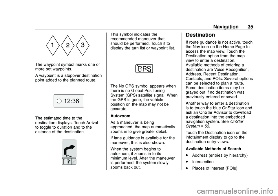 CHEVROLET IMPALA 2020 Infotainment System Manual Chevrolet Impala Infotainment Manual (2.6) (GMNA-Localizing-U.S./Canada-
14402255) - 2020 - CRC - 6/5/19
Navigation 35
The waypoint symbol marks one or
more set waypoints.
A waypoint is a stopover des CHEVROLET IMPALA 2020 Infotainment System Manual Chevrolet Impala Infotainment Manual (2.6) (GMNA-Localizing-U.S./Canada-
14402255) - 2020 - CRC - 6/5/19
Navigation 35
The waypoint symbol marks one or
more set waypoints.
A waypoint is a stopover des