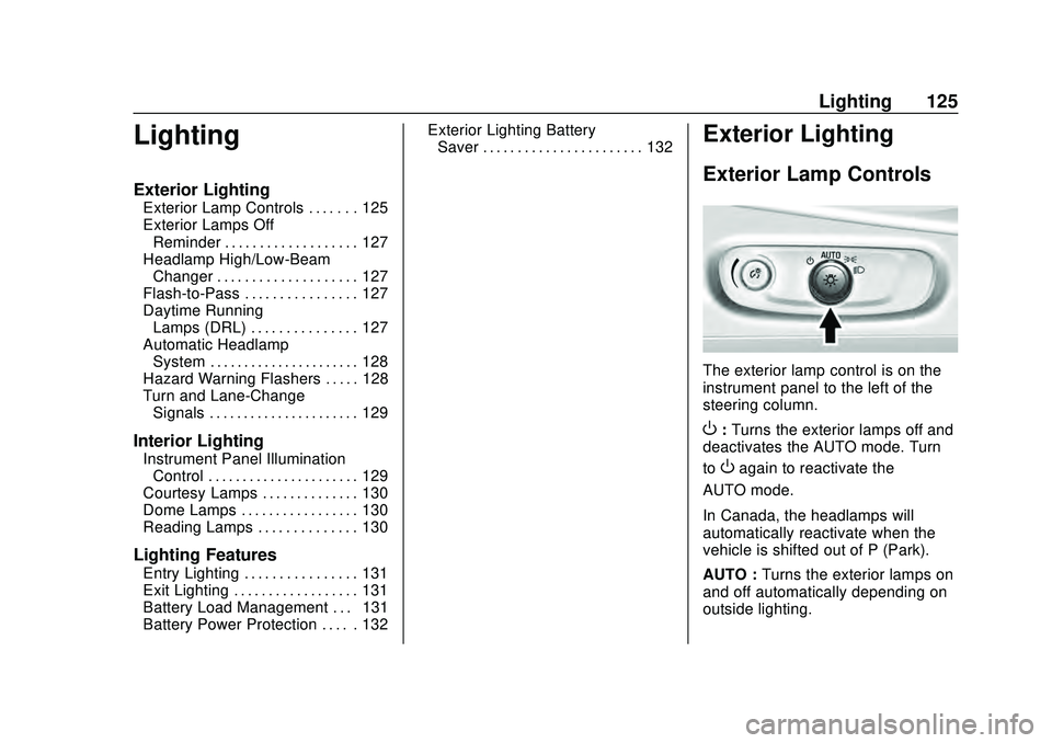 CHEVROLET MALIBU 2020  Owners Manual Chevrolet Malibu Owner Manual (GMNA-Localizing-U.S./Canada/Mexico-
13555849) - 2020 - CRC - 8/16/19
Lighting 125
Lighting
Exterior Lighting
Exterior Lamp Controls . . . . . . . 125
Exterior Lamps OffR