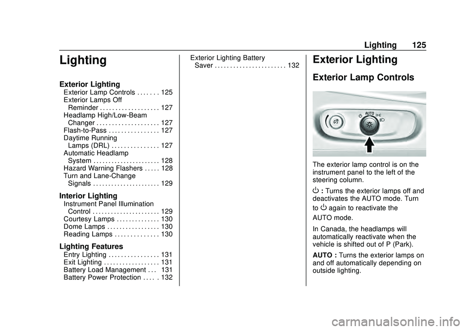 CHEVROLET MALIBU 2020 Owners Manual Chevrolet Malibu Owner Manual (GMNA-Localizing-U.S./Canada/Mexico-
13555849) - 2020 - CRC - 8/16/19
Lighting 125
Lighting
Exterior Lighting
Exterior Lamp Controls . . . . . . . 125
Exterior Lamps OffR CHEVROLET MALIBU 2020 Owners Manual Chevrolet Malibu Owner Manual (GMNA-Localizing-U.S./Canada/Mexico-
13555849) - 2020 - CRC - 8/16/19
Lighting 125
Lighting
Exterior Lighting
Exterior Lamp Controls . . . . . . . 125
Exterior Lamps OffR