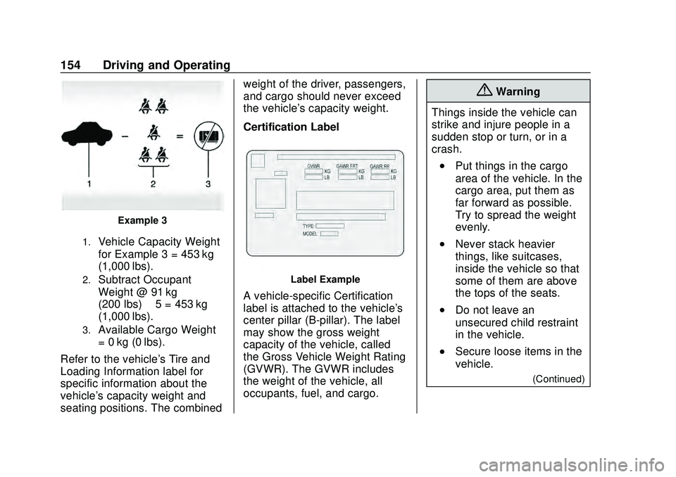 CHEVROLET MALIBU 2020  Owners Manual Chevrolet Malibu Owner Manual (GMNA-Localizing-U.S./Canada/Mexico-
13555849) - 2020 - CRC - 8/16/19
154 Driving and Operating
Example 3
1.Vehicle Capacity Weight
for Example 3 = 453 kg
(1,000 lbs).
2.