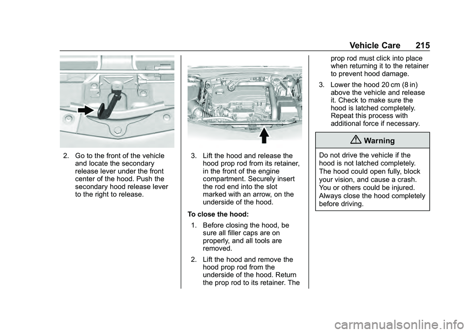 CHEVROLET MALIBU 2020 Owners Manual Chevrolet Malibu Owner Manual (GMNA-Localizing-U.S./Canada/Mexico-
13555849) - 2020 - CRC - 8/21/19
Vehicle Care 215
2. Go to the front of the vehicleand locate the secondary
release lever under the f CHEVROLET MALIBU 2020 Owners Manual Chevrolet Malibu Owner Manual (GMNA-Localizing-U.S./Canada/Mexico-
13555849) - 2020 - CRC - 8/21/19
Vehicle Care 215
2. Go to the front of the vehicleand locate the secondary
release lever under the f