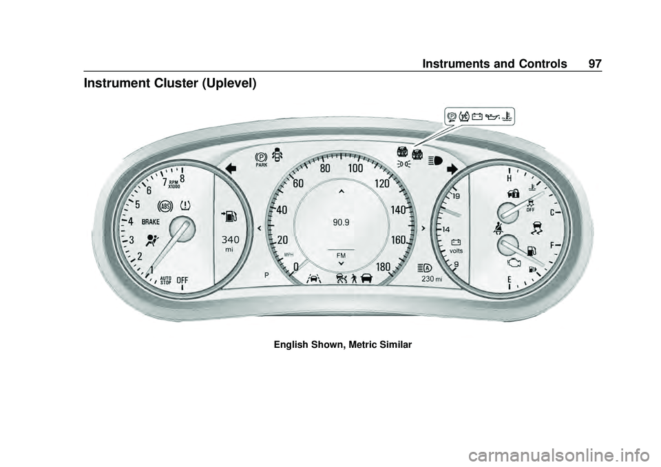 CHEVROLET MALIBU 2020 Owners Manual Chevrolet Malibu Owner Manual (GMNA-Localizing-U.S./Canada/Mexico-
13555849) - 2020 - CRC - 8/16/19
Instruments and Controls 97
Instrument Cluster (Uplevel)
English Shown, Metric Similar CHEVROLET MALIBU 2020 Owners Manual Chevrolet Malibu Owner Manual (GMNA-Localizing-U.S./Canada/Mexico-
13555849) - 2020 - CRC - 8/16/19
Instruments and Controls 97
Instrument Cluster (Uplevel)
English Shown, Metric Similar
