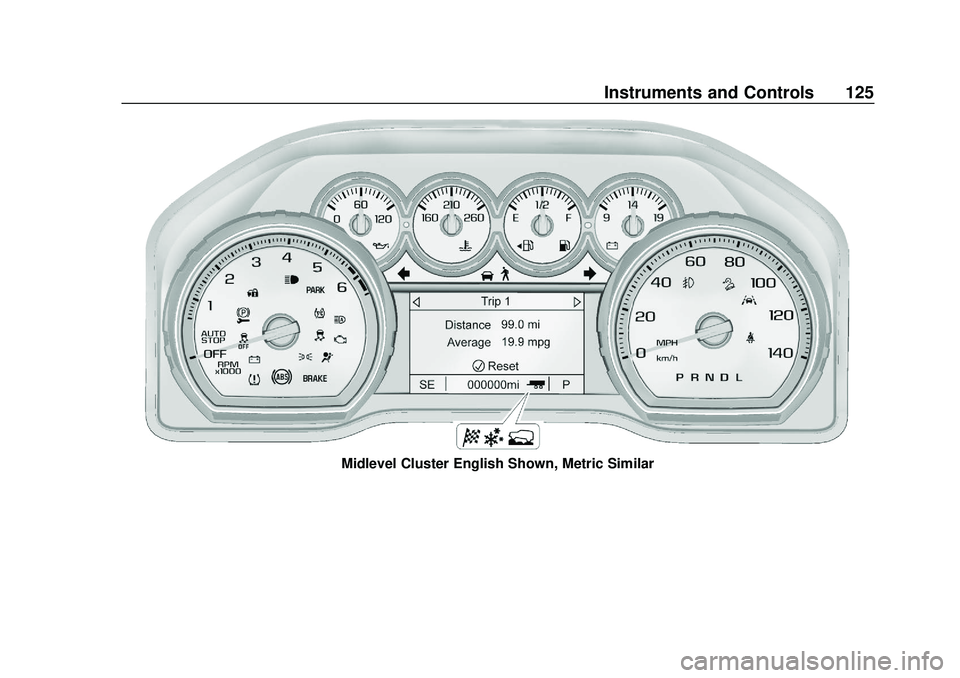 CHEVROLET SILVERADO 2020  Owners Manual Chevrolet Silverado Owner Manual (GMNA-Localizing-U.S./Canada/Mexico-
13337620) - 2020 - CTC - 1/27/20
Instruments and Controls 125
Midlevel Cluster English Shown, Metric Similar 