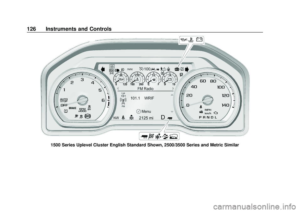 CHEVROLET SILVERADO 2020 Owners Manual Chevrolet Silverado Owner Manual (GMNA-Localizing-U.S./Canada/Mexico-
13337620) - 2020 - CTC - 1/27/20
126 Instruments and Controls
1500 Series Uplevel Cluster English Standard Shown, 2500/3500 Series CHEVROLET SILVERADO 2020 Owners Manual Chevrolet Silverado Owner Manual (GMNA-Localizing-U.S./Canada/Mexico-
13337620) - 2020 - CTC - 1/27/20
126 Instruments and Controls
1500 Series Uplevel Cluster English Standard Shown, 2500/3500 Series