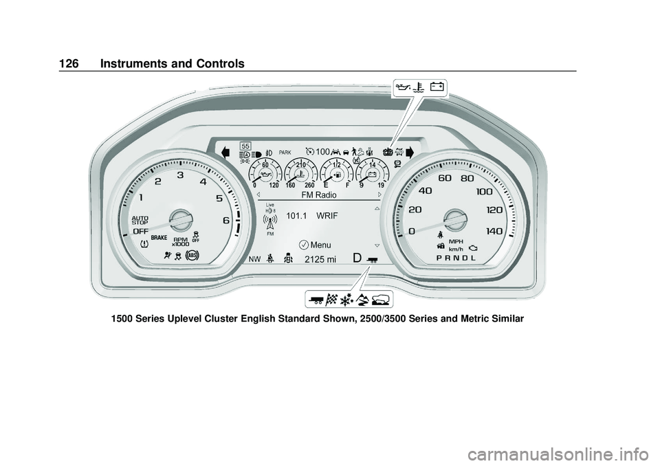 CHEVROLET SILVERADO 2020  Owners Manual Chevrolet Silverado Owner Manual (GMNA-Localizing-U.S./Canada/Mexico-
13337620) - 2020 - CTC - 1/27/20
126 Instruments and Controls
1500 Series Uplevel Cluster English Standard Shown, 2500/3500 Series