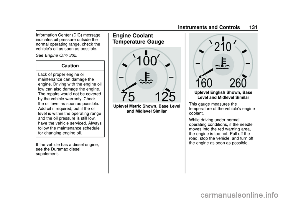 CHEVROLET SILVERADO 2020 Owners Manual Chevrolet Silverado Owner Manual (GMNA-Localizing-U.S./Canada/Mexico-
13337620) - 2020 - CTC - 1/27/20
Instruments and Controls 131
Information Center (DIC) message
indicates oil pressure outside the
CHEVROLET SILVERADO 2020 Owners Manual Chevrolet Silverado Owner Manual (GMNA-Localizing-U.S./Canada/Mexico-
13337620) - 2020 - CTC - 1/27/20
Instruments and Controls 131
Information Center (DIC) message
indicates oil pressure outside the