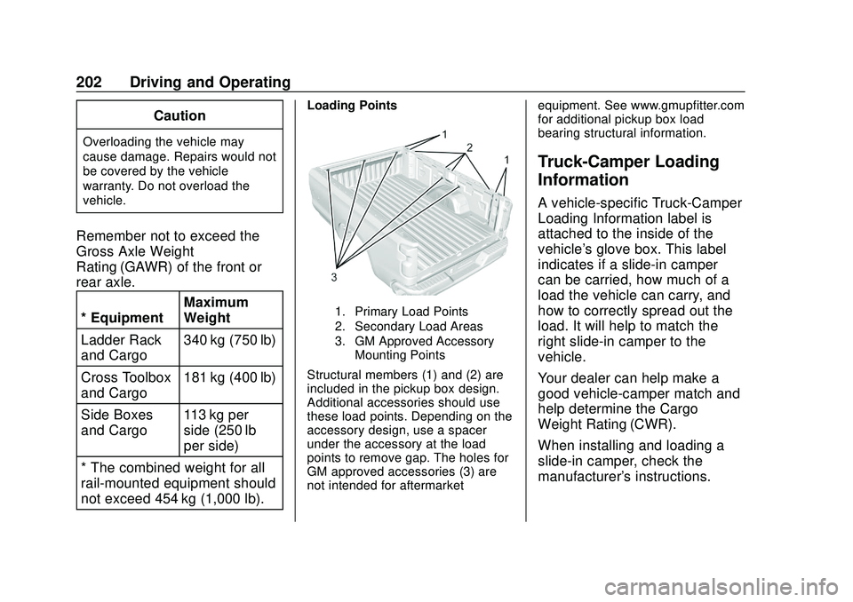 CHEVROLET SILVERADO 2020 Owners Manual Chevrolet Silverado Owner Manual (GMNA-Localizing-U.S./Canada/Mexico-
13337620) - 2020 - CTC - 1/27/20
202 Driving and Operating
Caution
Overloading the vehicle may
cause damage. Repairs would not
be CHEVROLET SILVERADO 2020 Owners Manual Chevrolet Silverado Owner Manual (GMNA-Localizing-U.S./Canada/Mexico-
13337620) - 2020 - CTC - 1/27/20
202 Driving and Operating
Caution
Overloading the vehicle may
cause damage. Repairs would not
be