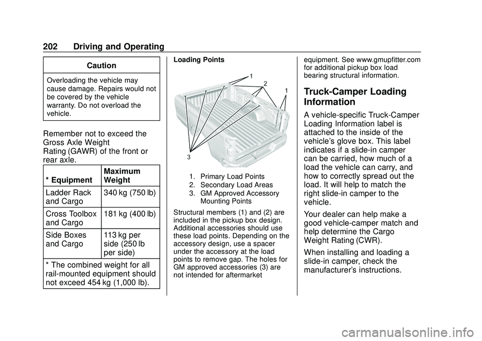 CHEVROLET SILVERADO 2020  Owners Manual Chevrolet Silverado Owner Manual (GMNA-Localizing-U.S./Canada/Mexico-
13337620) - 2020 - CTC - 1/27/20
202 Driving and Operating
Caution
Overloading the vehicle may
cause damage. Repairs would not
be 