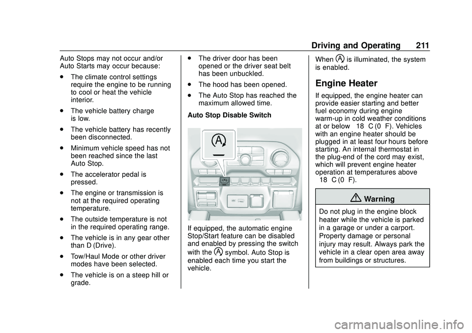 CHEVROLET SILVERADO 2020 Owners Manual Chevrolet Silverado Owner Manual (GMNA-Localizing-U.S./Canada/Mexico-
13337620) - 2020 - CTC - 1/27/20
Driving and Operating 211
Auto Stops may not occur and/or
Auto Starts may occur because:
.The cli CHEVROLET SILVERADO 2020 Owners Manual Chevrolet Silverado Owner Manual (GMNA-Localizing-U.S./Canada/Mexico-
13337620) - 2020 - CTC - 1/27/20
Driving and Operating 211
Auto Stops may not occur and/or
Auto Starts may occur because:
.The cli