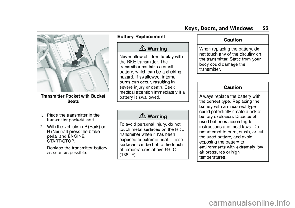 CHEVROLET SILVERADO 2020  Owners Manual Chevrolet Silverado Owner Manual (GMNA-Localizing-U.S./Canada/Mexico-
13337620) - 2020 - CTC - 1/27/20
Keys, Doors, and Windows 23
Transmitter Pocket with BucketSeats
1. Place the transmitter in the t