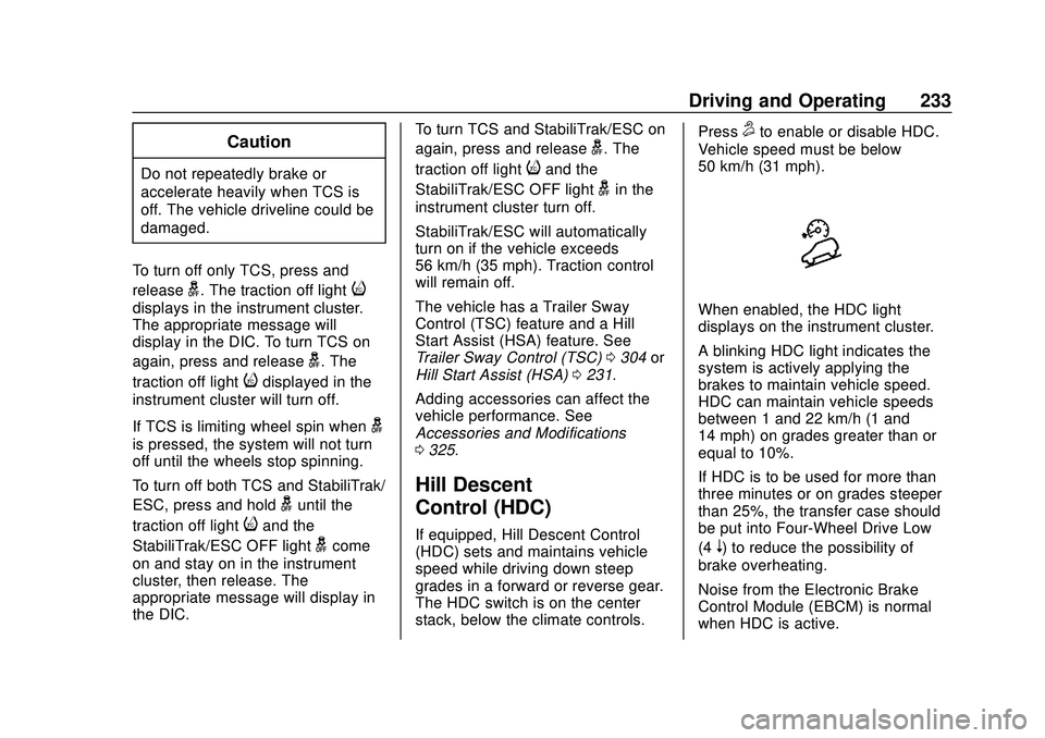 CHEVROLET SILVERADO 2020 Owners Manual Chevrolet Silverado Owner Manual (GMNA-Localizing-U.S./Canada/Mexico-
13337620) - 2020 - CTC - 1/27/20
Driving and Operating 233
Caution
Do not repeatedly brake or
accelerate heavily when TCS is
off. CHEVROLET SILVERADO 2020 Owners Manual Chevrolet Silverado Owner Manual (GMNA-Localizing-U.S./Canada/Mexico-
13337620) - 2020 - CTC - 1/27/20
Driving and Operating 233
Caution
Do not repeatedly brake or
accelerate heavily when TCS is
off.