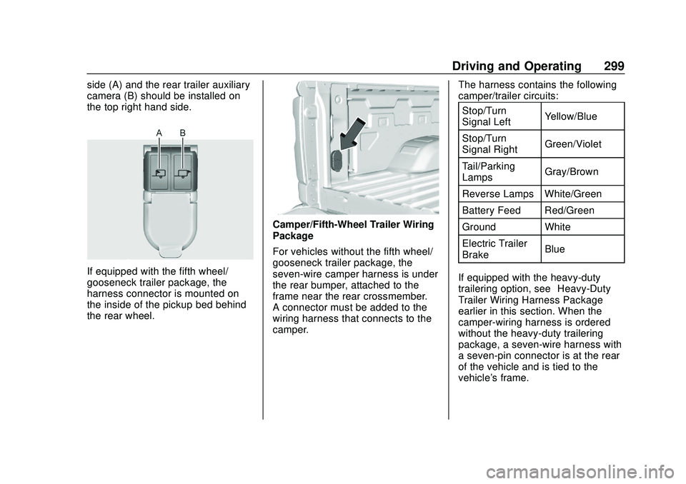 CHEVROLET SILVERADO 2020 Owners Manual Chevrolet Silverado Owner Manual (GMNA-Localizing-U.S./Canada/Mexico-
13337620) - 2020 - CTC - 1/27/20
Driving and Operating 299
side (A) and the rear trailer auxiliary
camera (B) should be installed CHEVROLET SILVERADO 2020 Owners Manual Chevrolet Silverado Owner Manual (GMNA-Localizing-U.S./Canada/Mexico-
13337620) - 2020 - CTC - 1/27/20
Driving and Operating 299
side (A) and the rear trailer auxiliary
camera (B) should be installed