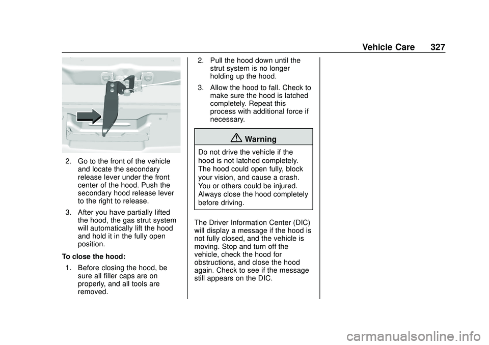 CHEVROLET SILVERADO 2020  Owners Manual Chevrolet Silverado Owner Manual (GMNA-Localizing-U.S./Canada/Mexico-
13337620) - 2020 - CTC - 1/27/20
Vehicle Care 327
2. Go to the front of the vehicleand locate the secondary
release lever under th