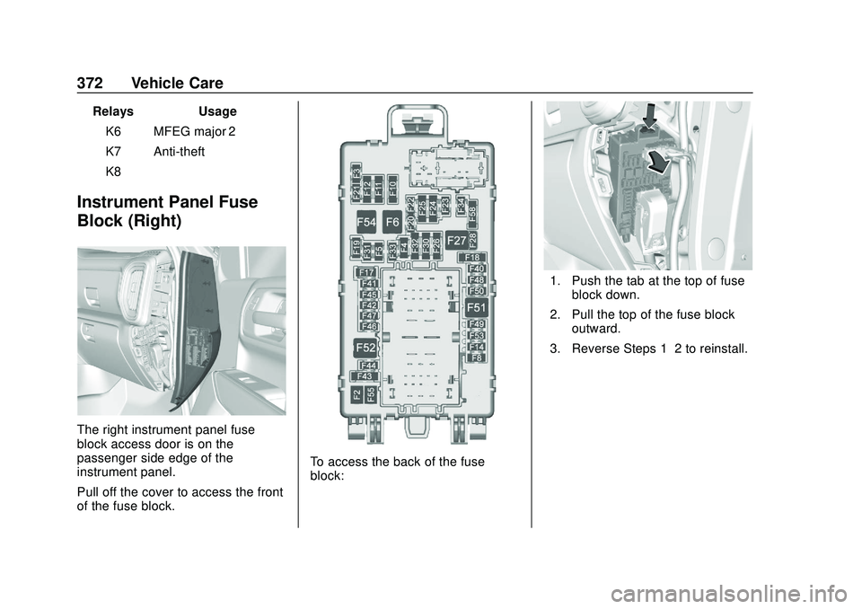 CHEVROLET SILVERADO 2020 User Guide Chevrolet Silverado Owner Manual (GMNA-Localizing-U.S./Canada/Mexico-
13337620) - 2020 - CTC - 1/27/20
372 Vehicle Care
RelaysUsage
K6 MFEG major 2
K7 Anti-theft
K8 –
Instrument Panel Fuse
Block (Ri