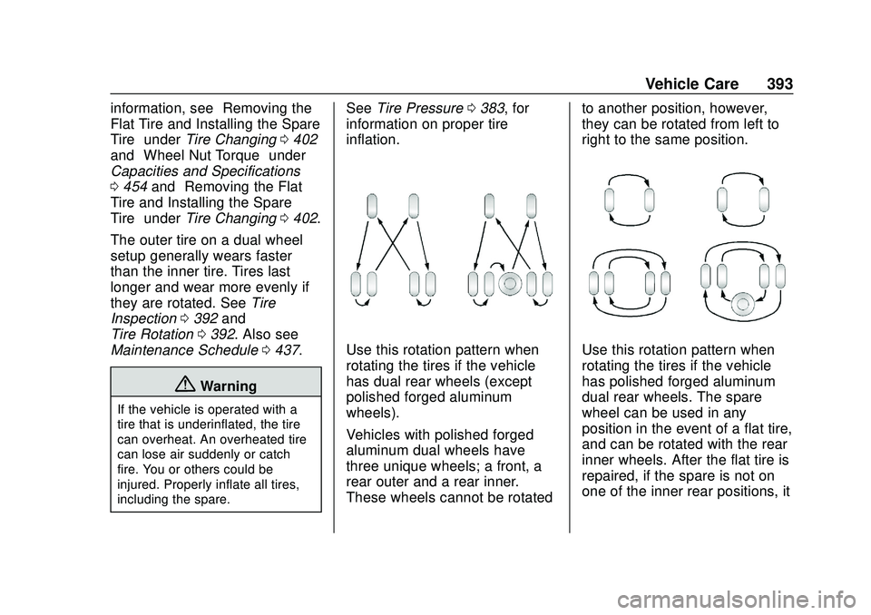 CHEVROLET SILVERADO 2020 Owners Manual Chevrolet Silverado Owner Manual (GMNA-Localizing-U.S./Canada/Mexico-
13337620) - 2020 - CTC - 1/27/20
Vehicle Care 393
information, see“Removing the
Flat Tire and Installing the Spare
Tire” under CHEVROLET SILVERADO 2020 Owners Manual Chevrolet Silverado Owner Manual (GMNA-Localizing-U.S./Canada/Mexico-
13337620) - 2020 - CTC - 1/27/20
Vehicle Care 393
information, see“Removing the
Flat Tire and Installing the Spare
Tire” under