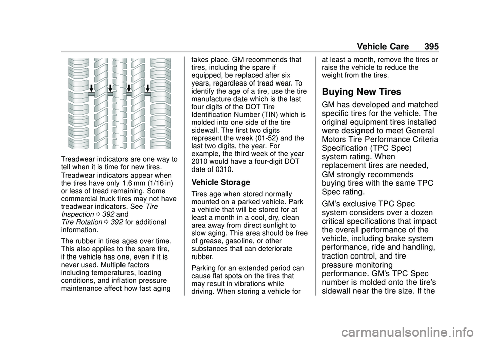 CHEVROLET SILVERADO 2020 Owners Manual Chevrolet Silverado Owner Manual (GMNA-Localizing-U.S./Canada/Mexico-
13337620) - 2020 - CTC - 1/27/20
Vehicle Care 395
Treadwear indicators are one way to
tell when it is time for new tires.
Treadwea CHEVROLET SILVERADO 2020 Owners Manual Chevrolet Silverado Owner Manual (GMNA-Localizing-U.S./Canada/Mexico-
13337620) - 2020 - CTC - 1/27/20
Vehicle Care 395
Treadwear indicators are one way to
tell when it is time for new tires.
Treadwea