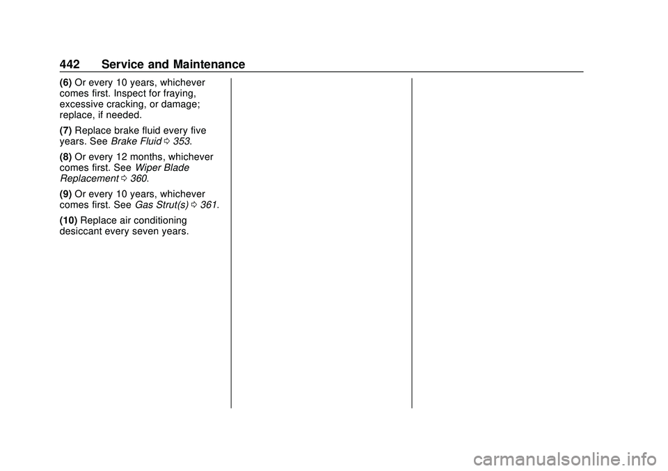 CHEVROLET SILVERADO 2020 Owners Manual Chevrolet Silverado Owner Manual (GMNA-Localizing-U.S./Canada/Mexico-
13337620) - 2020 - CTC - 1/27/20
442 Service and Maintenance
(6)Or every 10 years, whichever
comes first. Inspect for fraying,
exc CHEVROLET SILVERADO 2020 Owners Manual Chevrolet Silverado Owner Manual (GMNA-Localizing-U.S./Canada/Mexico-
13337620) - 2020 - CTC - 1/27/20
442 Service and Maintenance
(6)Or every 10 years, whichever
comes first. Inspect for fraying,
exc