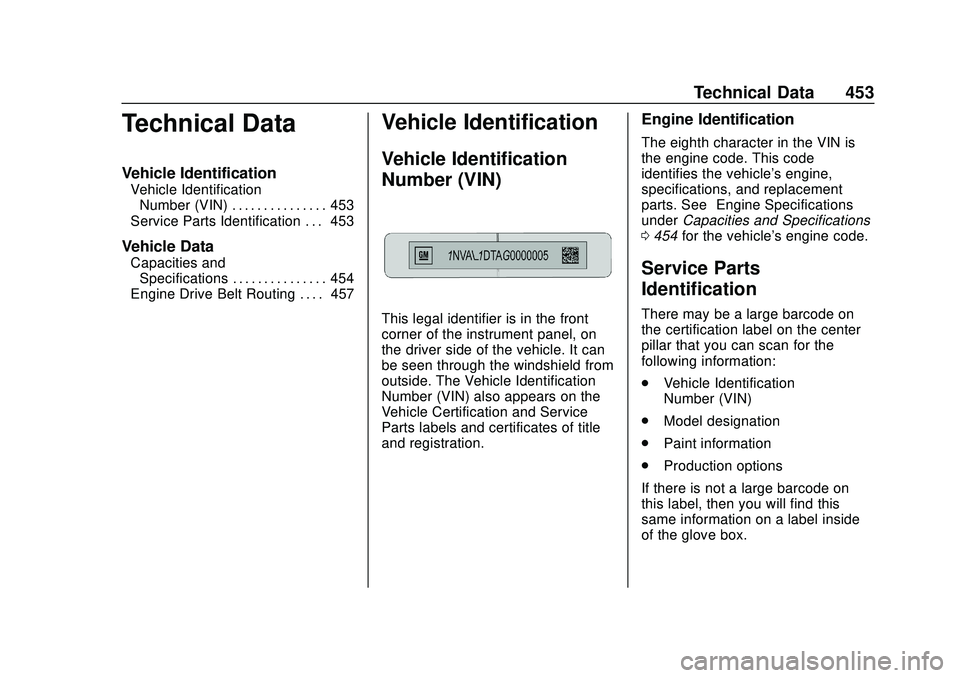 CHEVROLET SILVERADO 2020 Owners Manual Chevrolet Silverado Owner Manual (GMNA-Localizing-U.S./Canada/Mexico-
13337620) - 2020 - CTC - 1/27/20
Technical Data 453
Technical Data
Vehicle Identification
Vehicle IdentificationNumber (VIN) . . . CHEVROLET SILVERADO 2020 Owners Manual Chevrolet Silverado Owner Manual (GMNA-Localizing-U.S./Canada/Mexico-
13337620) - 2020 - CTC - 1/27/20
Technical Data 453
Technical Data
Vehicle Identification
Vehicle IdentificationNumber (VIN) . . .