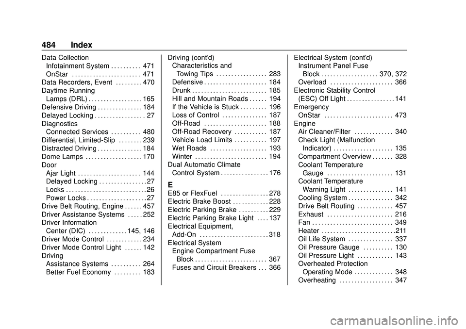 CHEVROLET SILVERADO 2020 Owners Guide Chevrolet Silverado Owner Manual (GMNA-Localizing-U.S./Canada/Mexico-
13337620) - 2020 - CTC - 1/27/20
484 Index
Data CollectionInfotainment System . . . . . . . . . . 471
OnStar . . . . . . . . . . .