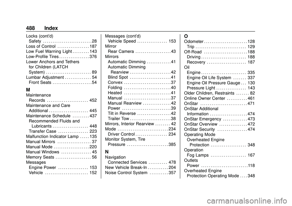 CHEVROLET SILVERADO 2020  Owners Manual Chevrolet Silverado Owner Manual (GMNA-Localizing-U.S./Canada/Mexico-
13337620) - 2020 - CTC - 1/27/20
488 Index
Locks (cont'd)Safety . . . . . . . . . . . . . . . . . . . . . . . . . . 28
Loss of