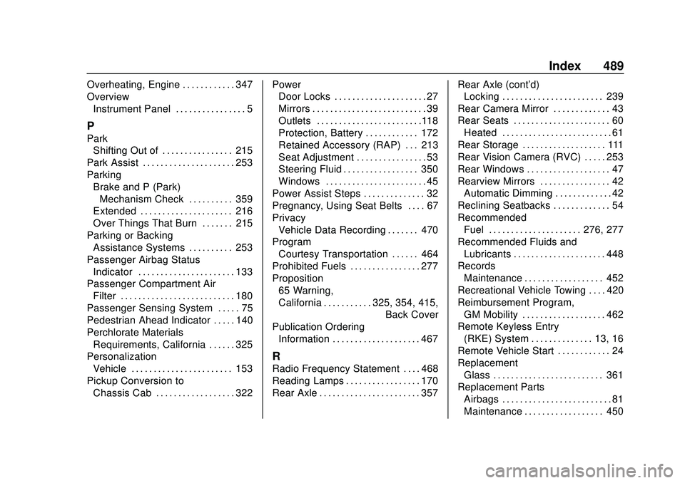 CHEVROLET SILVERADO 2020 Owners Manual Chevrolet Silverado Owner Manual (GMNA-Localizing-U.S./Canada/Mexico-
13337620) - 2020 - CTC - 1/27/20
Index 489
Overheating, Engine . . . . . . . . . . . . 347
OverviewInstrument Panel . . . . . . . CHEVROLET SILVERADO 2020 Owners Manual Chevrolet Silverado Owner Manual (GMNA-Localizing-U.S./Canada/Mexico-
13337620) - 2020 - CTC - 1/27/20
Index 489
Overheating, Engine . . . . . . . . . . . . 347
OverviewInstrument Panel . . . . . . .