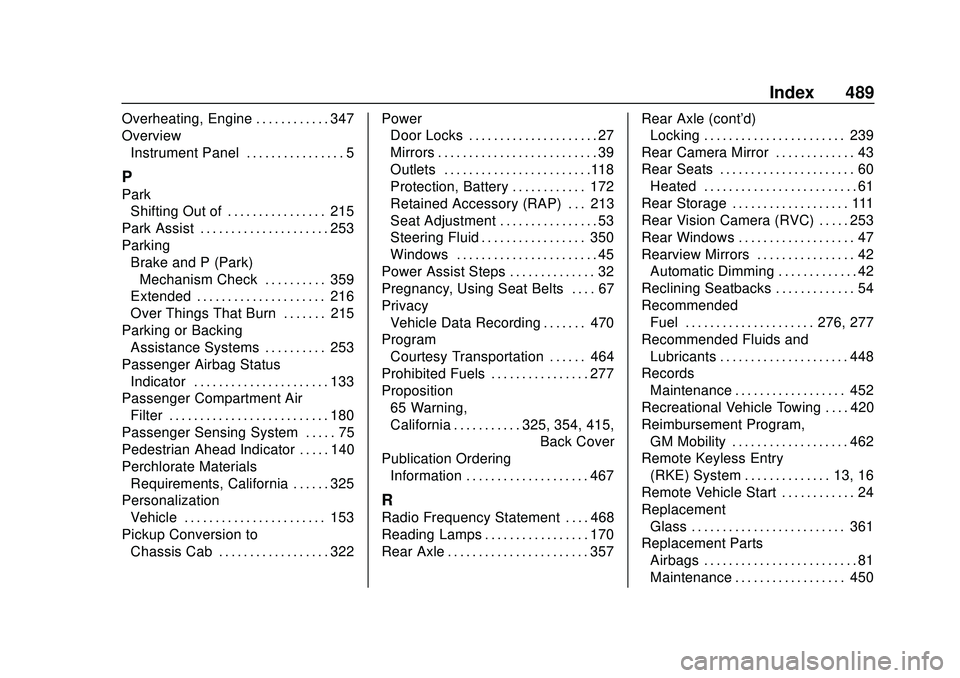 CHEVROLET SILVERADO 2020  Owners Manual Chevrolet Silverado Owner Manual (GMNA-Localizing-U.S./Canada/Mexico-
13337620) - 2020 - CTC - 1/27/20
Index 489
Overheating, Engine . . . . . . . . . . . . 347
OverviewInstrument Panel . . . . . . . 