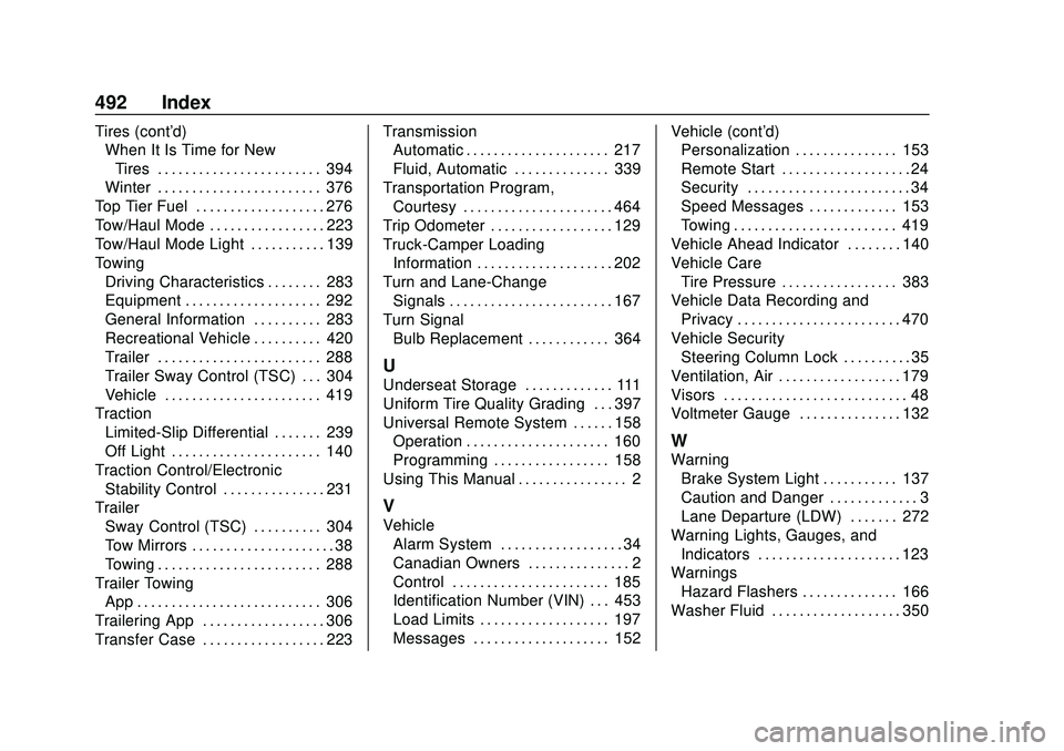 CHEVROLET SILVERADO 2020 Owners Manual Chevrolet Silverado Owner Manual (GMNA-Localizing-U.S./Canada/Mexico-
13337620) - 2020 - CTC - 1/27/20
492 Index
Tires (cont'd)When It Is Time for New
Tires . . . . . . . . . . . . . . . . . . . . CHEVROLET SILVERADO 2020 Owners Manual Chevrolet Silverado Owner Manual (GMNA-Localizing-U.S./Canada/Mexico-
13337620) - 2020 - CTC - 1/27/20
492 Index
Tires (cont'd)When It Is Time for New
Tires . . . . . . . . . . . . . . . . . . . .