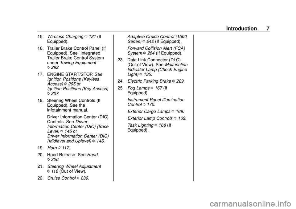 CHEVROLET SILVERADO 2020  Owners Manual Chevrolet Silverado Owner Manual (GMNA-Localizing-U.S./Canada/Mexico-
13337620) - 2020 - CTC - 1/27/20
Introduction 7
15.Wireless Charging 0121 (If
Equipped).
16. Trailer Brake Control Panel (If Equip