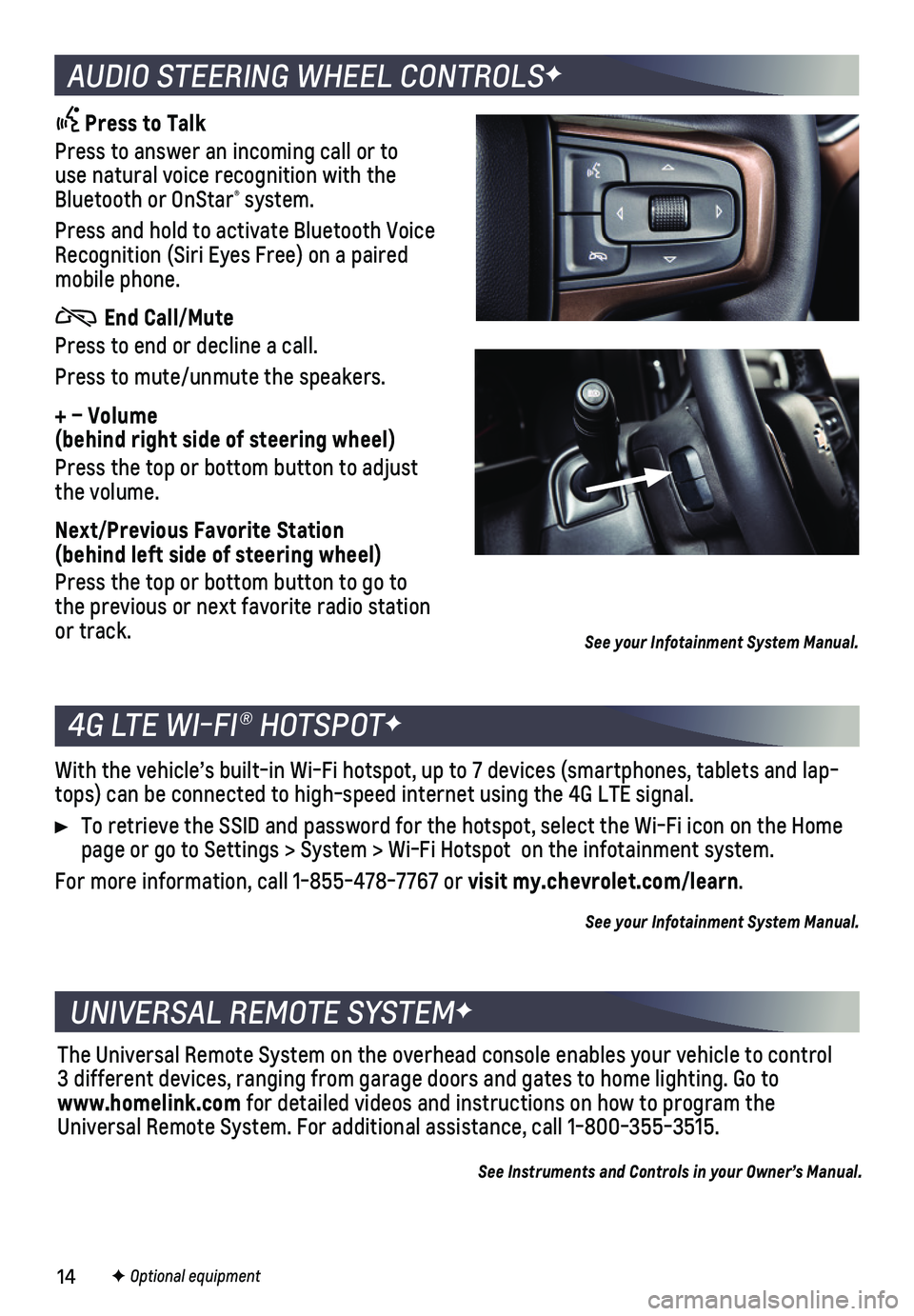 CHEVROLET SILVERADO 2020 Get To Know Guide 14F Optional equipment
4G LTE WI-FI® HOTSPOTF
UNIVERSAL REMOTE SYSTEMF
With the vehicle’s built-in Wi-Fi hotspot, up to 7 devices (smartpho\
nes, tablets and lap-tops) can be connected to high CHEVROLET SILVERADO 2020 Get To Know Guide 14F Optional equipment
4G LTE WI-FI® HOTSPOTF
UNIVERSAL REMOTE SYSTEMF
With the vehicle’s built-in Wi-Fi hotspot, up to 7 devices (smartpho\
nes, tablets and lap-tops) can be connected to high