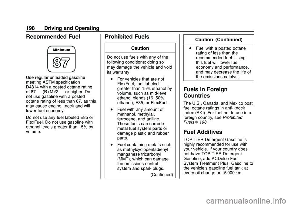 CHEVROLET SONIC 2020 Owners Manual Chevrolet Sonic Owner Manual (GMNA-Localizing-U.S./Canada-13566834) -
2020 - CRC - 10/4/19
198 Driving and Operating
Recommended Fuel
Use regular unleaded gasoline
meeting ASTM specification
D4814 wit CHEVROLET SONIC 2020 Owners Manual Chevrolet Sonic Owner Manual (GMNA-Localizing-U.S./Canada-13566834) -
2020 - CRC - 10/4/19
198 Driving and Operating
Recommended Fuel
Use regular unleaded gasoline
meeting ASTM specification
D4814 wit
