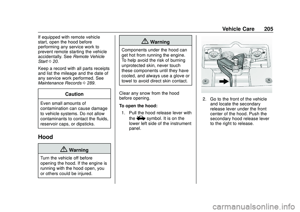 CHEVROLET SONIC 2020 Owners Manual Chevrolet Sonic Owner Manual (GMNA-Localizing-U.S./Canada-13566834) -
2020 - CRC - 10/4/19
Vehicle Care 205
If equipped with remote vehicle
start, open the hood before
performing any service work to
p CHEVROLET SONIC 2020 Owners Manual Chevrolet Sonic Owner Manual (GMNA-Localizing-U.S./Canada-13566834) -
2020 - CRC - 10/4/19
Vehicle Care 205
If equipped with remote vehicle
start, open the hood before
performing any service work to
p
