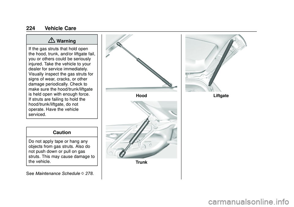 CHEVROLET SONIC 2020  Owners Manual Chevrolet Sonic Owner Manual (GMNA-Localizing-U.S./Canada-13566834) -
2020 - CRC - 10/4/19
224 Vehicle Care
{Warning
If the gas struts that hold open
the hood, trunk, and/or liftgate fail,
you or othe