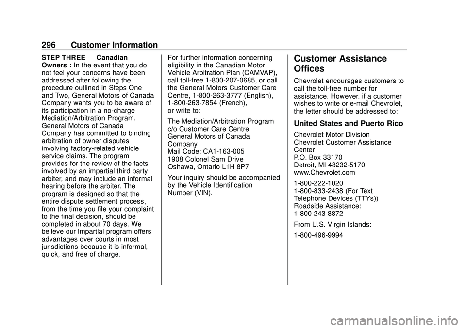 CHEVROLET SONIC 2020 Owners Manual Chevrolet Sonic Owner Manual (GMNA-Localizing-U.S./Canada-13566834) -
2020 - CRC - 10/4/19
296 Customer Information
STEP THREE—Canadian
Owners : In the event that you do
not feel your concerns have CHEVROLET SONIC 2020 Owners Manual Chevrolet Sonic Owner Manual (GMNA-Localizing-U.S./Canada-13566834) -
2020 - CRC - 10/4/19
296 Customer Information
STEP THREE—Canadian
Owners : In the event that you do
not feel your concerns have