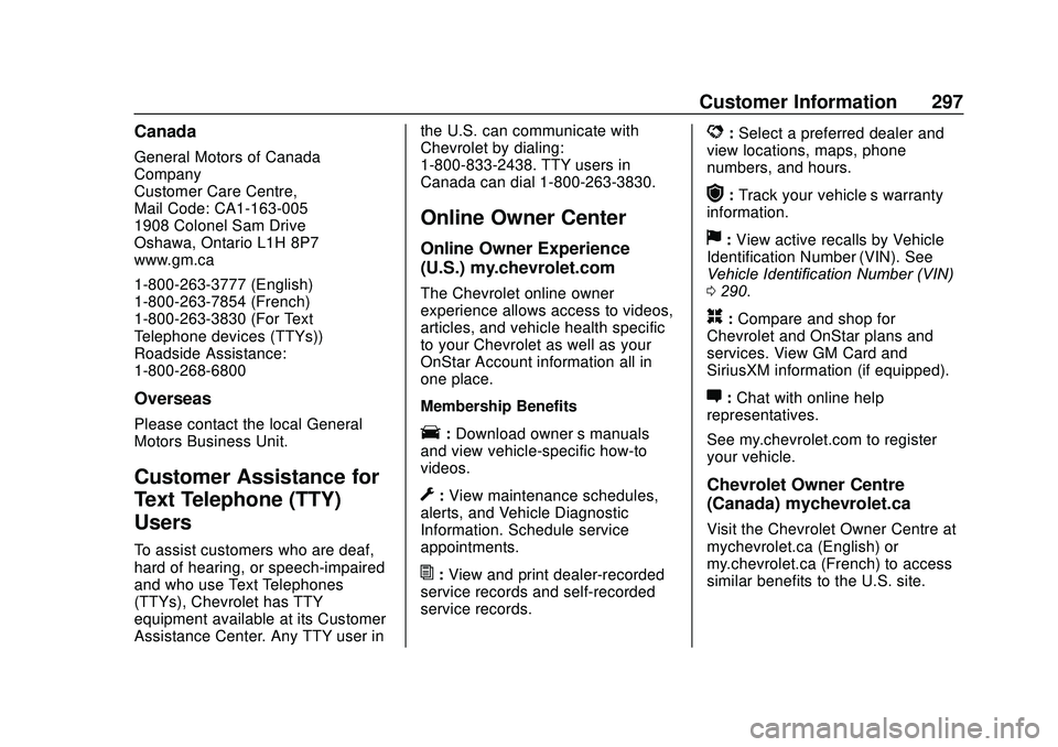 CHEVROLET SONIC 2020 Owners Manual Chevrolet Sonic Owner Manual (GMNA-Localizing-U.S./Canada-13566834) -
2020 - CRC - 10/4/19
Customer Information 297
Canada
General Motors of Canada
Company
Customer Care Centre,
Mail Code: CA1-163-005 CHEVROLET SONIC 2020 Owners Manual Chevrolet Sonic Owner Manual (GMNA-Localizing-U.S./Canada-13566834) -
2020 - CRC - 10/4/19
Customer Information 297
Canada
General Motors of Canada
Company
Customer Care Centre,
Mail Code: CA1-163-005